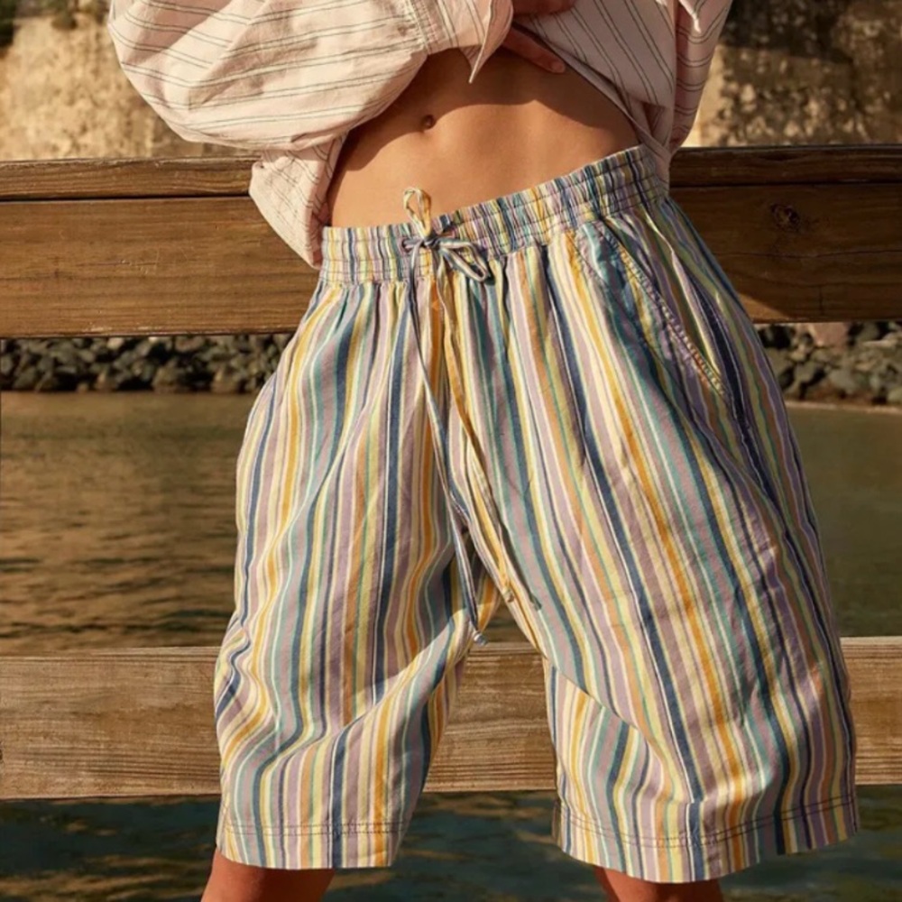 NEW Size Small Free People Relaxed Mid Rise Saylor Poplin Striped Cotton Shorts